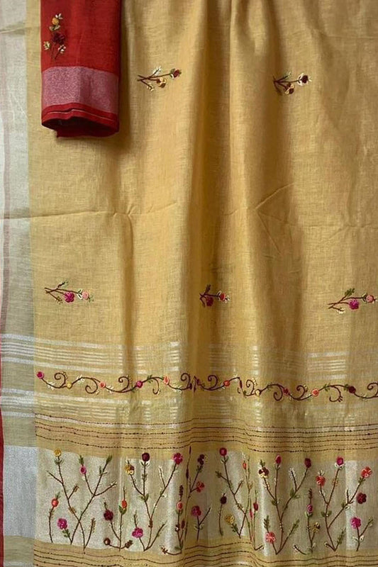 Yellow And Red Pure Linen French Knot Embroidered Saree