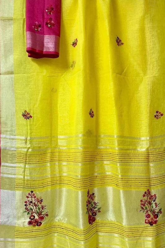 Yellow And Pink Pure Linen French Knot Embroidered Saree - Luxurion World