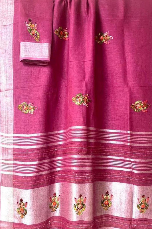Pink Pure Linen French Knot Embroidered Saree - Luxurion World