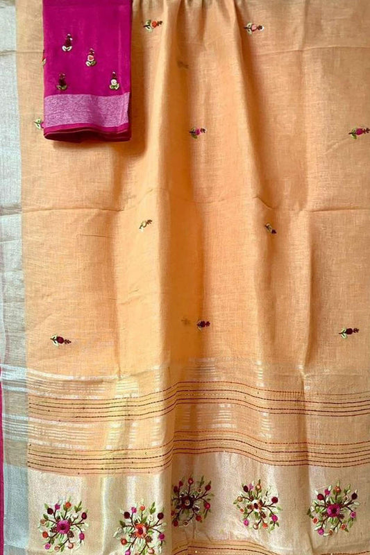 Orange And Pink Pure Linen French Knot Embroidered Saree - Luxurion World