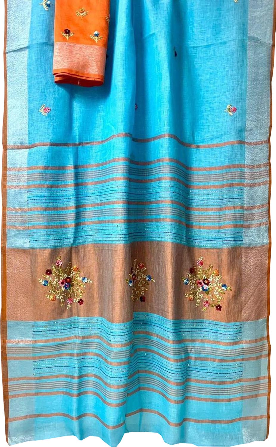 Blue And Orange Pure Linen French Knot Embroidered Saree - Luxurion World