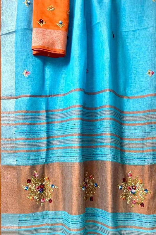 Blue And Orange Pure Linen French Knot Embroidered Saree