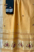 Yellow And Black Pure Linen French Knot Embroidered Saree - Luxurion World