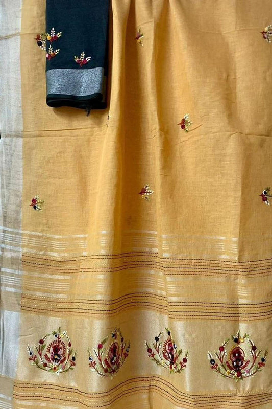 Yellow And Black Pure Linen French Knot Embroidered Saree - Luxurion World