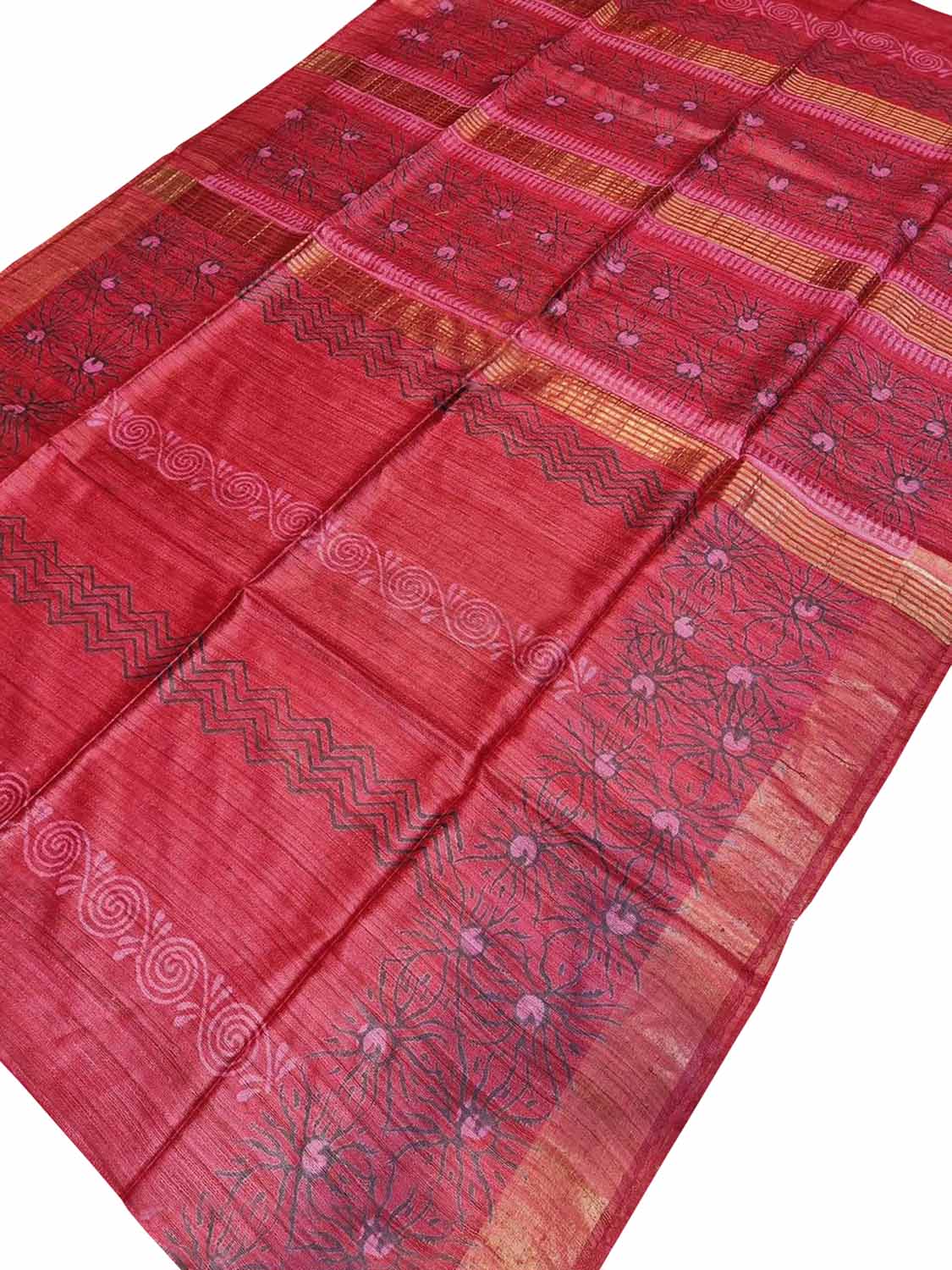 Red Block Printed Tussar Ghicha Saree - Luxurion World