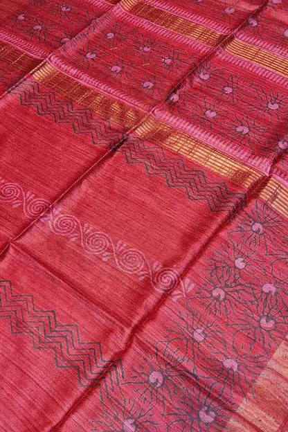 Red Block Printed Tussar Ghicha Saree - Luxurion World