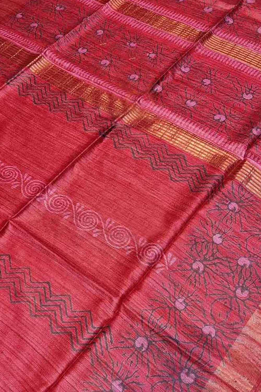 Red Block Printed Tussar Ghicha Saree - Luxurion World