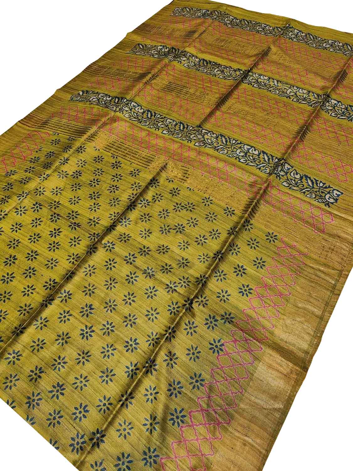 Green Block Printed Tussar Ghicha Saree - Luxurion World