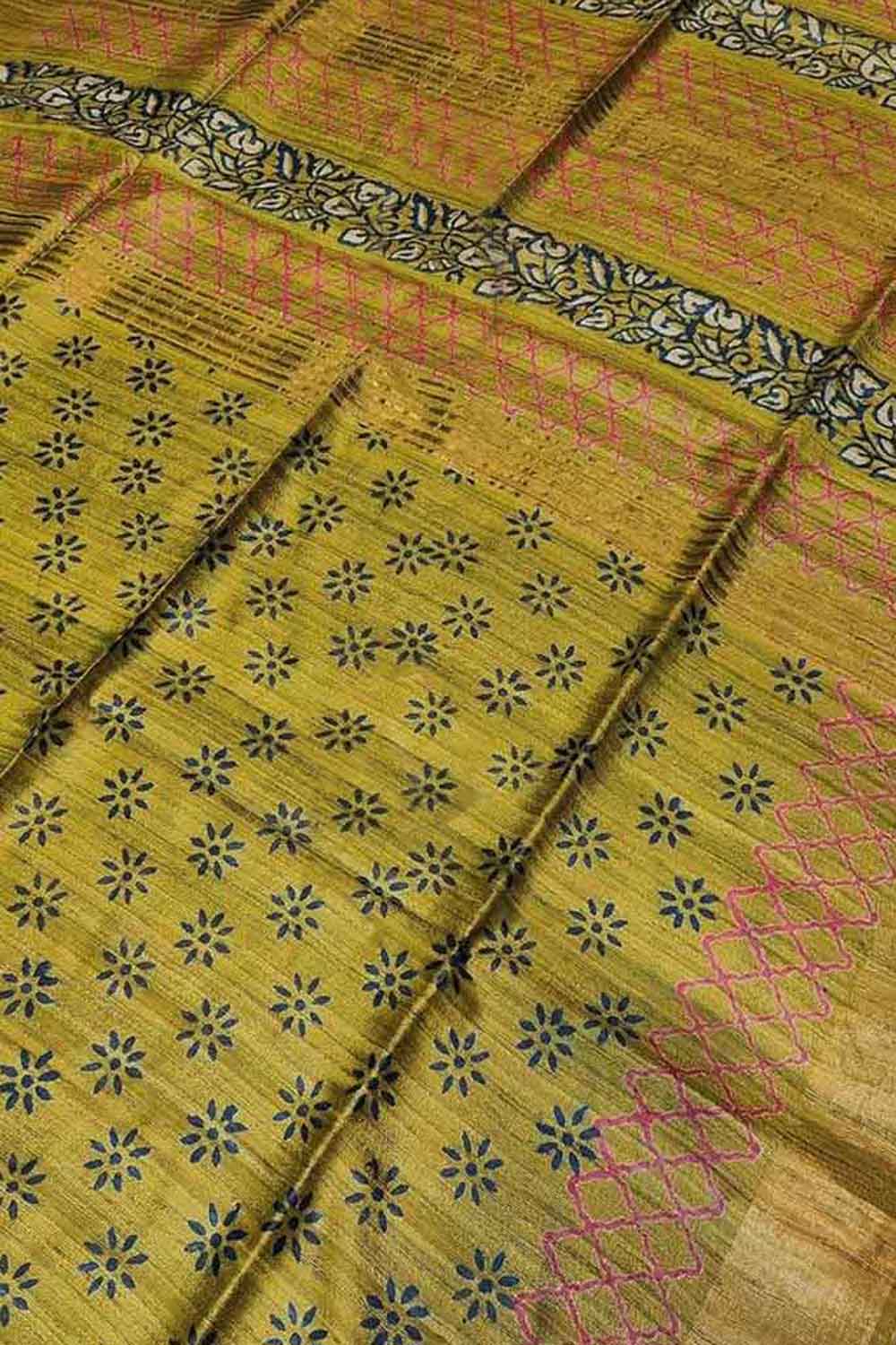 Green Block Printed Tussar Ghicha Saree - Luxurion World