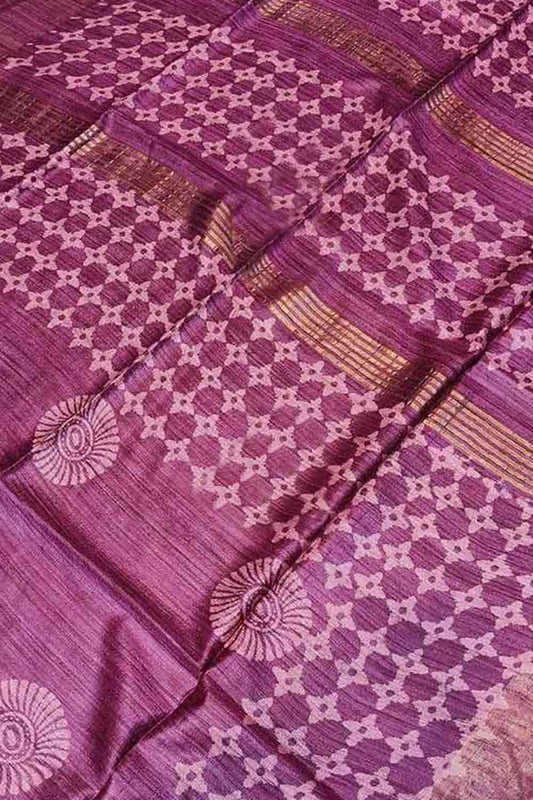 Pink Block Printed Tussar Ghicha Saree - Luxurion World