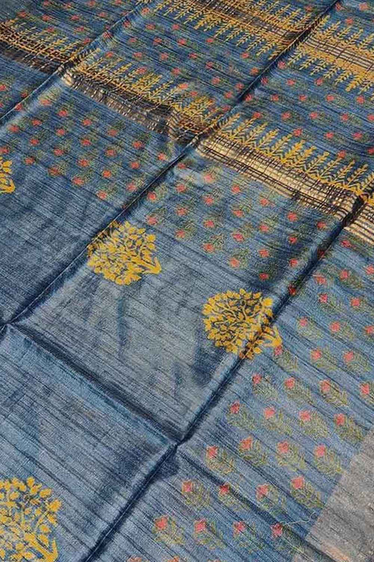 Blue Block Printed Tussar Ghicha Saree - Luxurion World