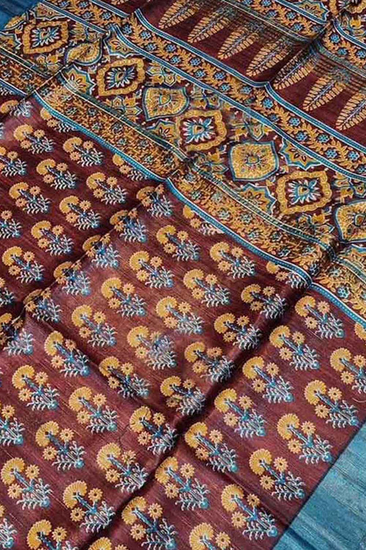 Maroon Block Printed Tussar Ghicha Saree - Luxurion World