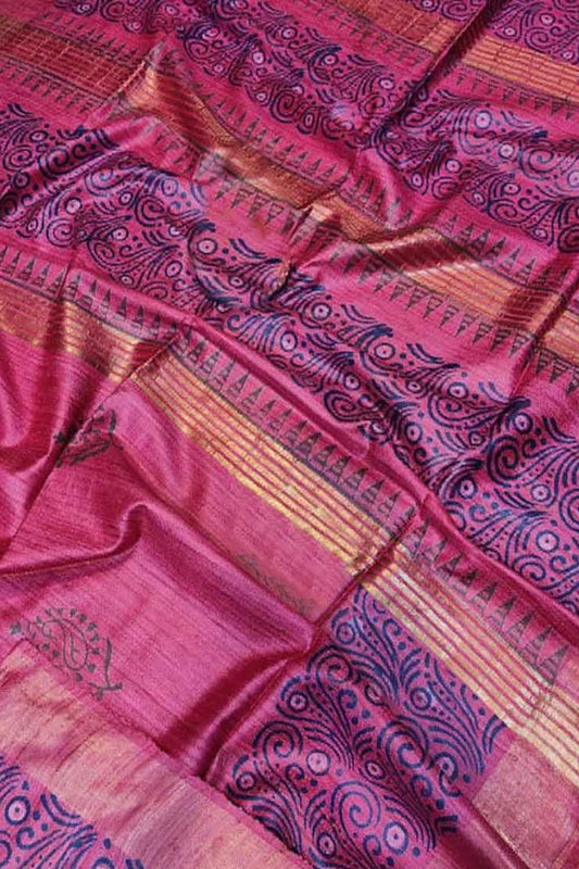 Pink Block Printed Tussar Ghicha Saree - Luxurion World