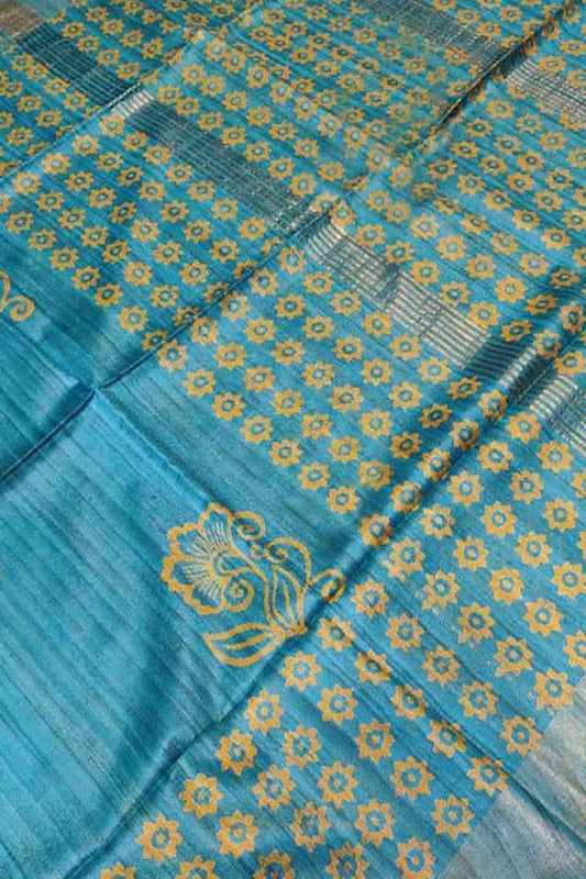 Blue Block Printed Tussar Ghicha Saree - Luxurion World