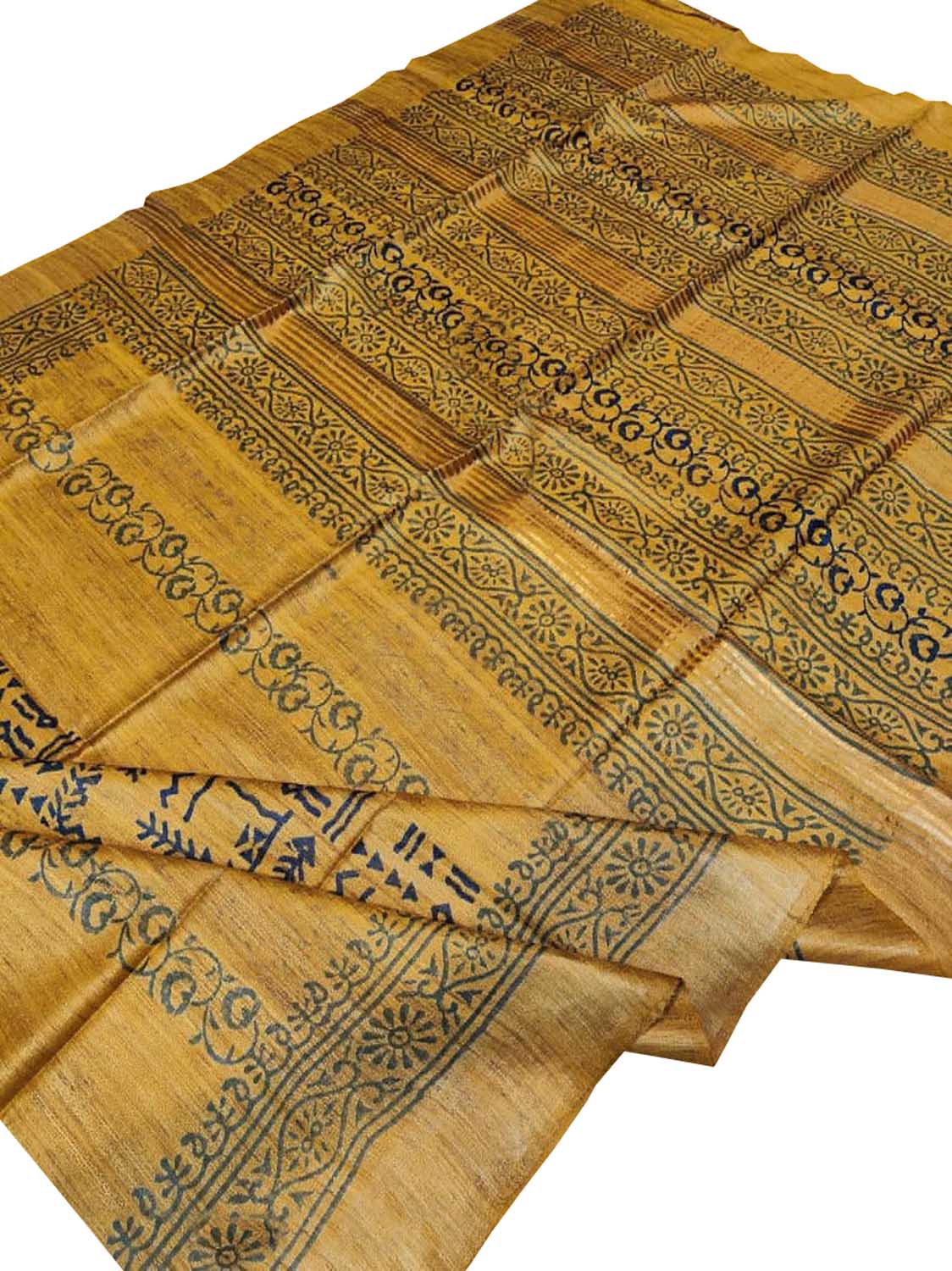 Yellow Block Printed Tussar Ghicha Saree - Luxurion World