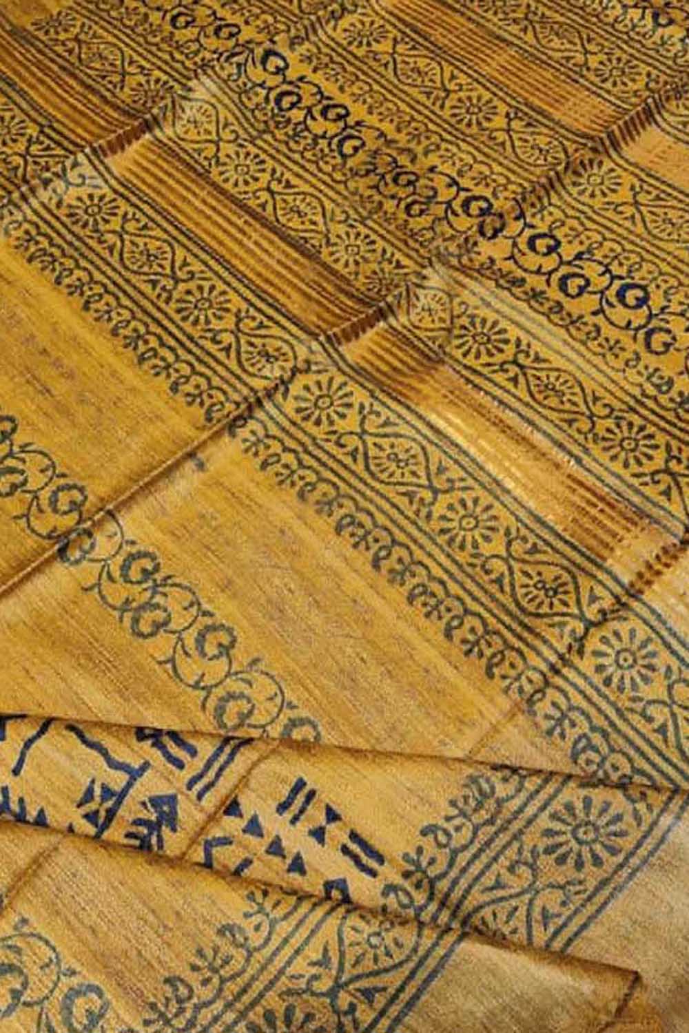 Yellow Block Printed Tussar Ghicha Saree - Luxurion World