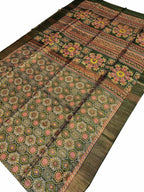 Green Block Printed Tussar Ghicha Saree - Luxurion World