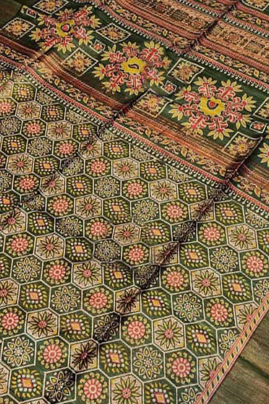 Green Block Printed Tussar Ghicha Saree - Luxurion World