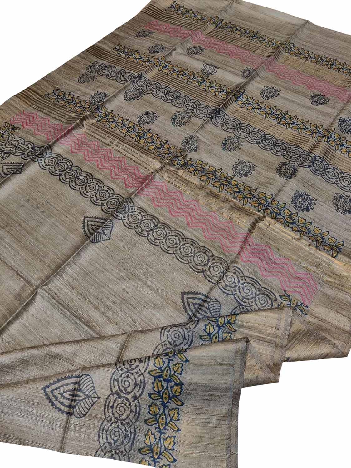 Grey Block Printed Tussar Ghicha Saree - Luxurion World