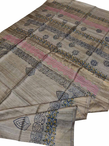 Grey Block Printed Tussar Ghicha Saree - Luxurion World