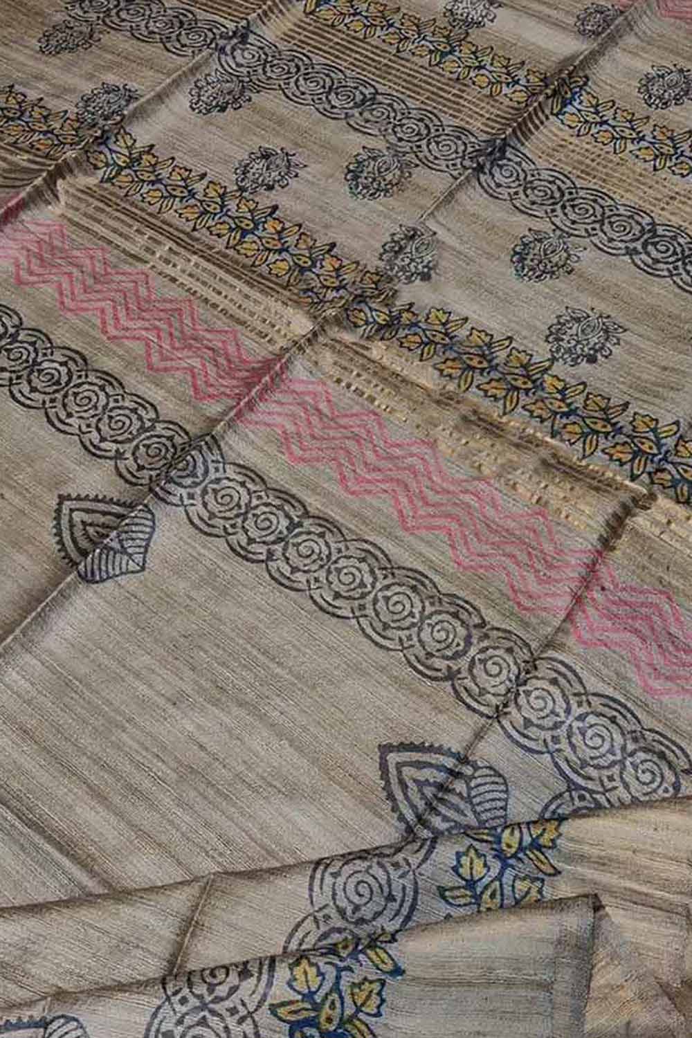 Grey Block Printed Tussar Ghicha Saree - Luxurion World
