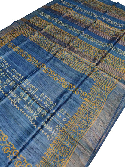 Blue Block Printed Tussar Ghicha Saree - Luxurion World