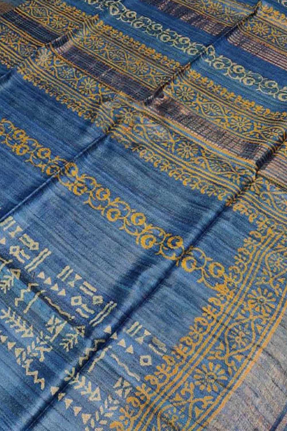 Blue Block Printed Tussar Ghicha Saree - Luxurion World