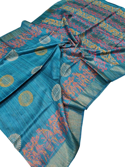 Blue Block Printed Tussar Ghicha Saree - Luxurion World