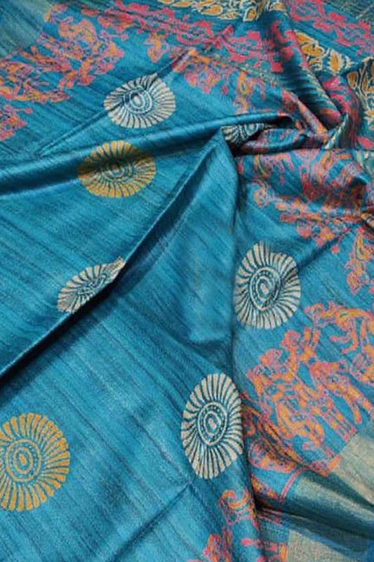 Blue Block Printed Tussar Ghicha Saree - Luxurion World