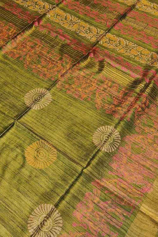 Green Block Printed Tussar Ghicha Saree - Luxurion World