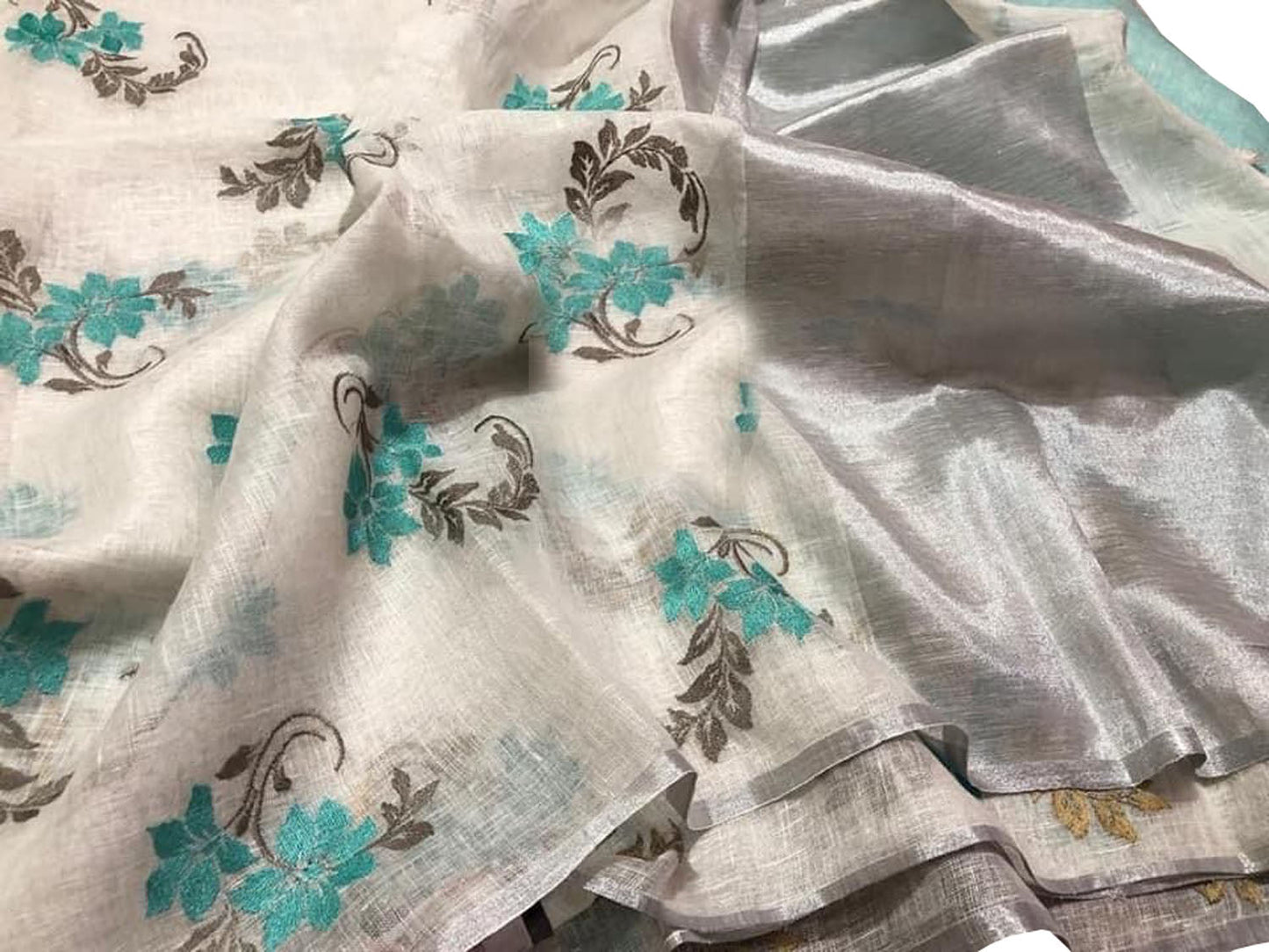 Stunning Off White Linen Saree with Intricate Embroidery - Luxurion World