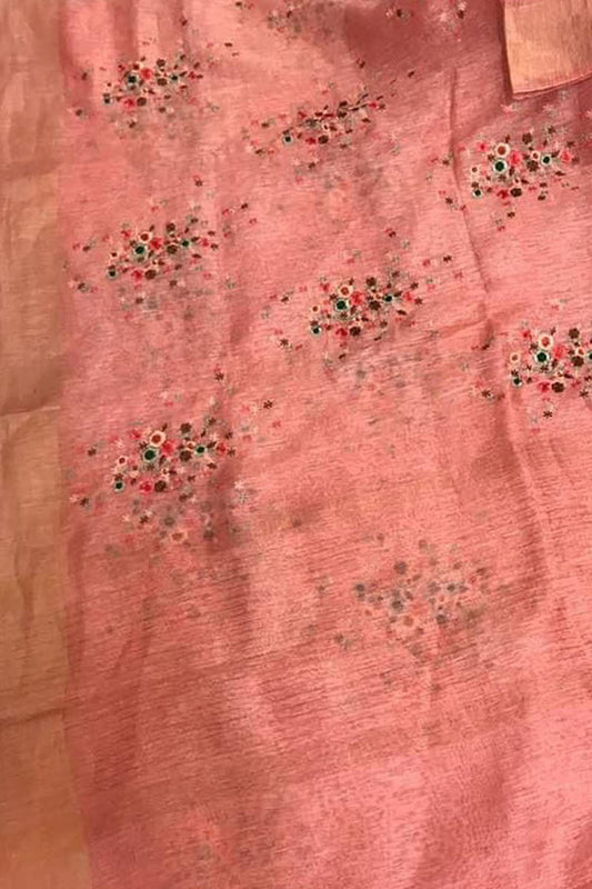 Blush Pink Linen Silk Saree with Elegant Embroidery - Luxurion World