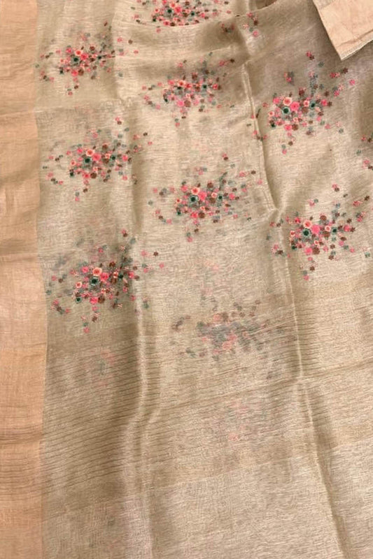 Pastel Pure Linen Silk Saree with Elegant Embroidery - Luxurion World