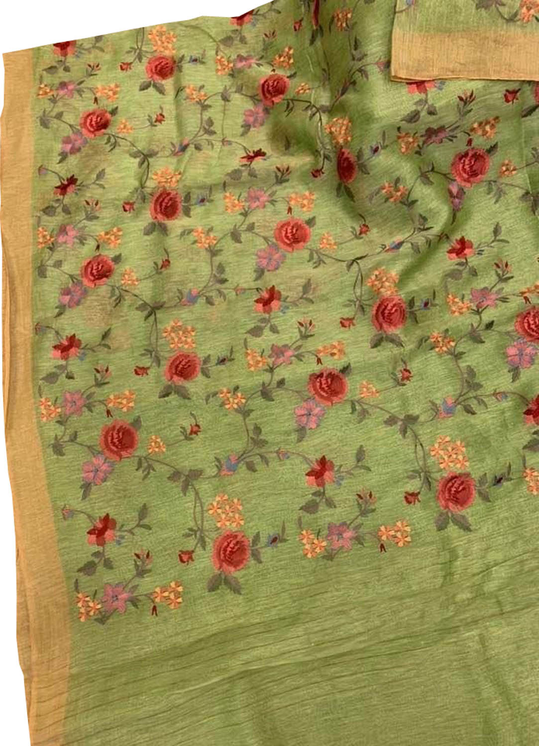 Green Linen Silk Saree with Elegant Embroidery - Luxurion World