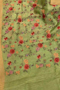 Green Linen Silk Saree with Elegant Embroidery - Luxurion World