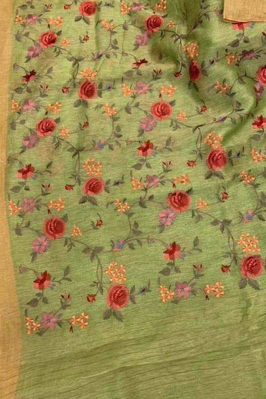 Green Linen Silk Saree with Elegant Embroidery - Luxurion World