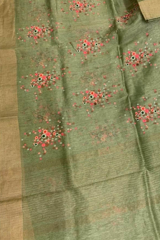 Green Linen Silk Saree with Elegant Embroidery - Luxurion World