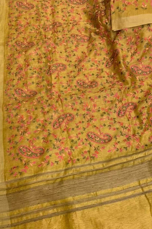 Sunshine Elegance: Yellow Linen Silk Embroidered Saree - Luxurion World