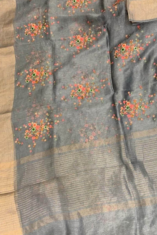 Elegant Grey Linen Silk Saree with Embroidery - Luxurion World