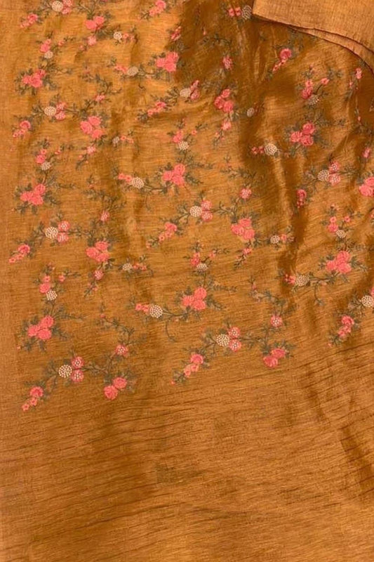 Orange Linen Silk Saree with Elegant Embroidery - Luxurion World