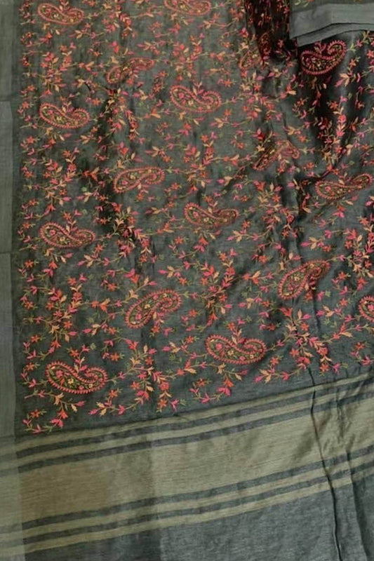 Elegant Black Linen Silk Saree with Embroidery - Luxurion World