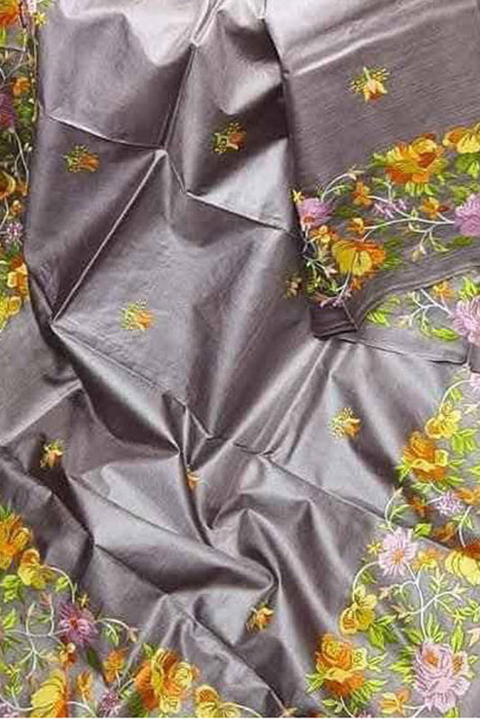 Elegant Grey Bhagalpur Pure Tussar Silk Embroidered Saree