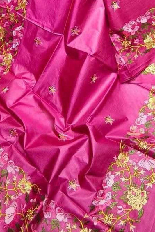 Pink Bhagalpur Pure Tussar Silk Embroidered Saree