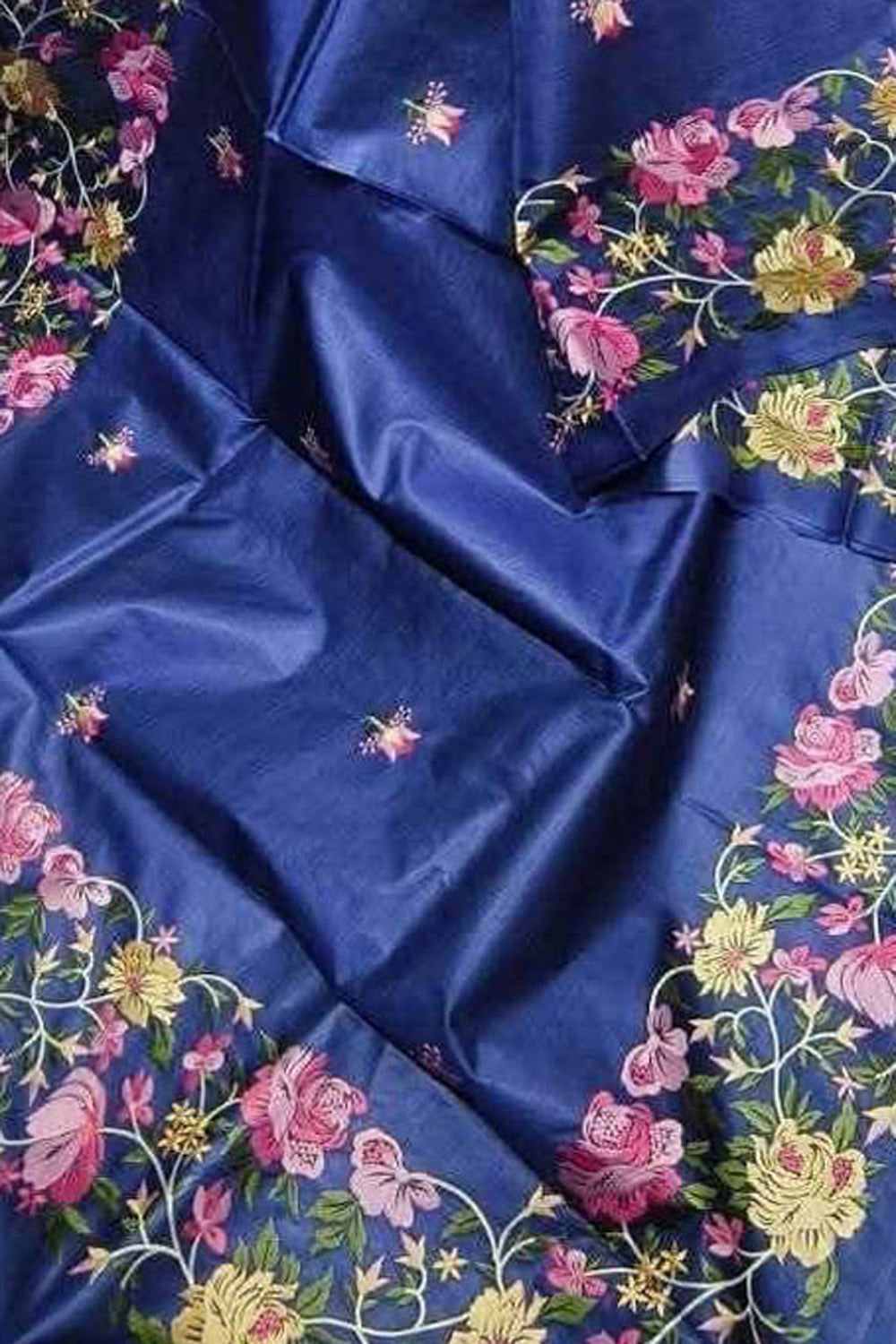 Elegant Blue Bhagalpur Pure Tussar Silk Embroidered Saree
