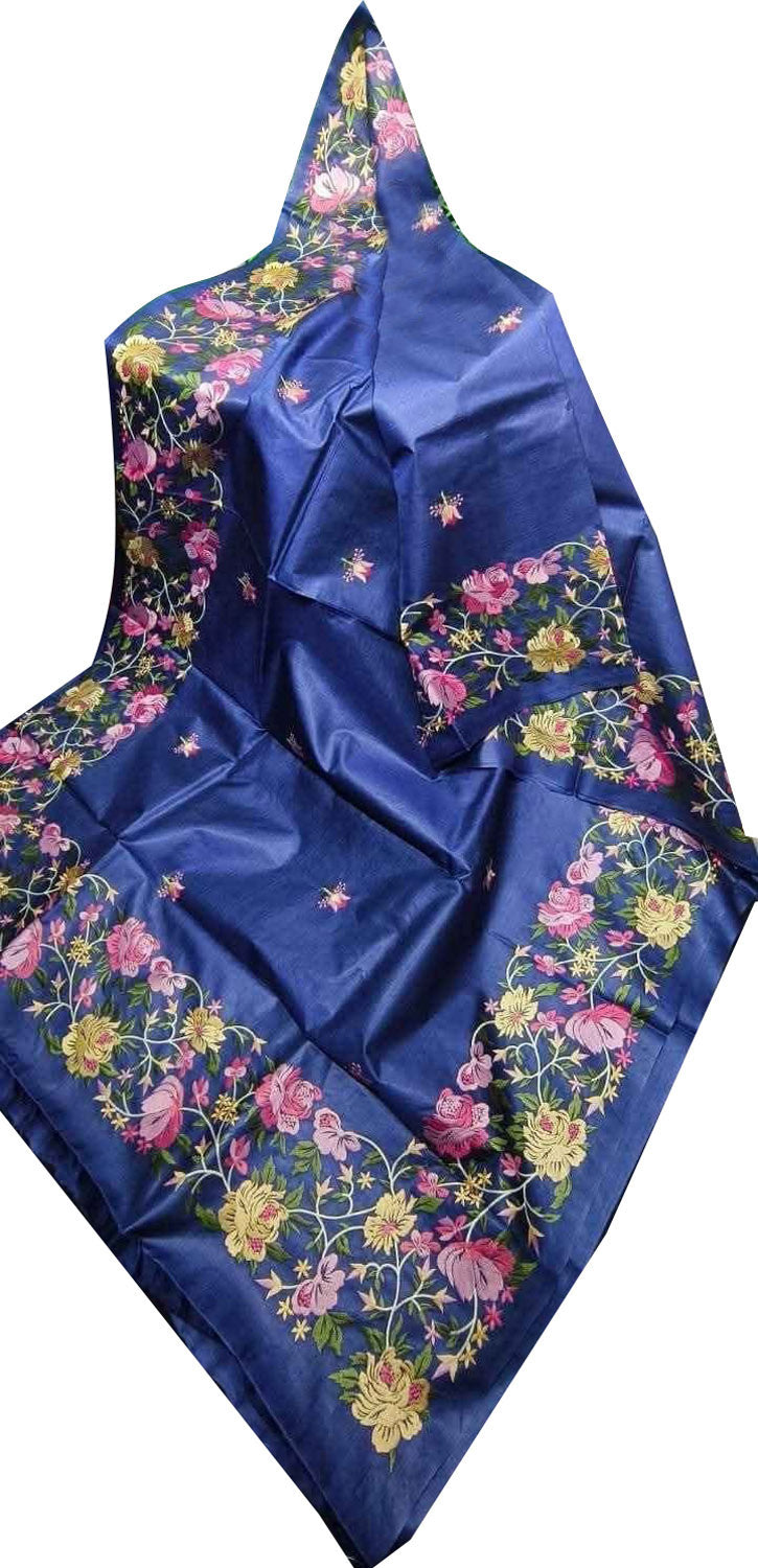 Elegant Blue Bhagalpur Pure Tussar Silk Embroidered Saree