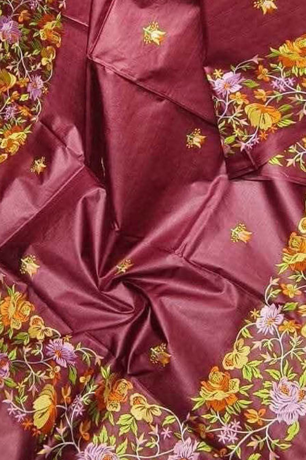 Maroon Bhagalpur Pure Tussar Silk Embroidered Saree