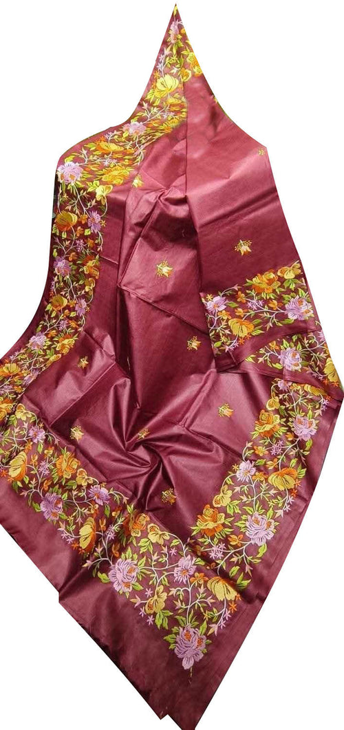 Maroon Bhagalpur Pure Tussar Silk Embroidered Saree - Luxurion World