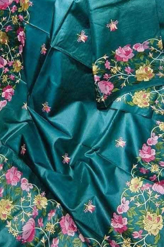 Green Bhagalpur Pure Tussar Silk Embroidered Saree