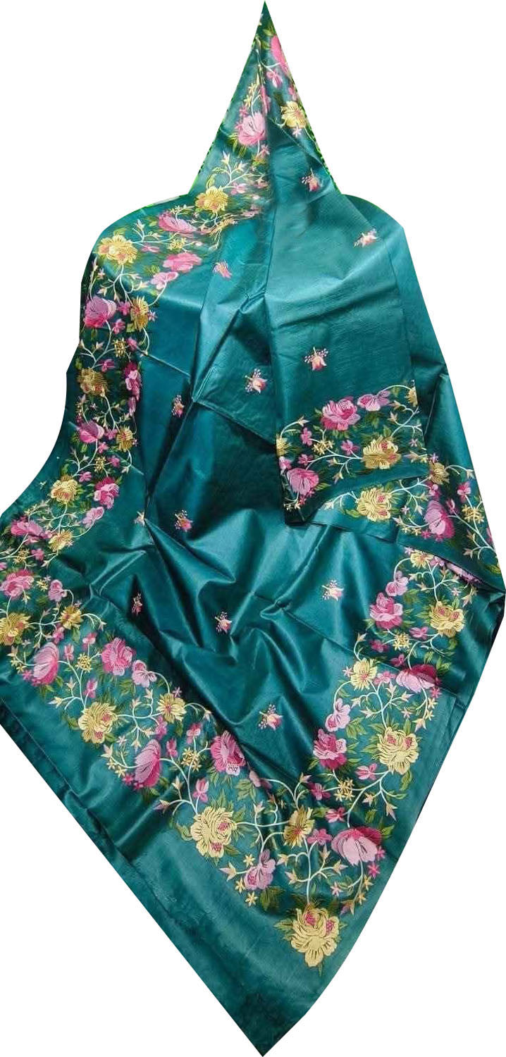 Green Bhagalpur Pure Tussar Silk Embroidered Saree - Luxurion World