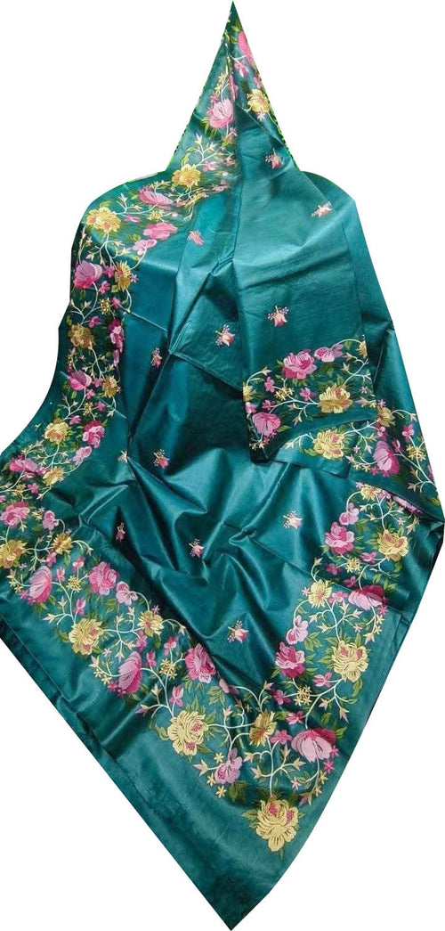 Green Bhagalpur Pure Tussar Silk Embroidered Saree - Luxurion World